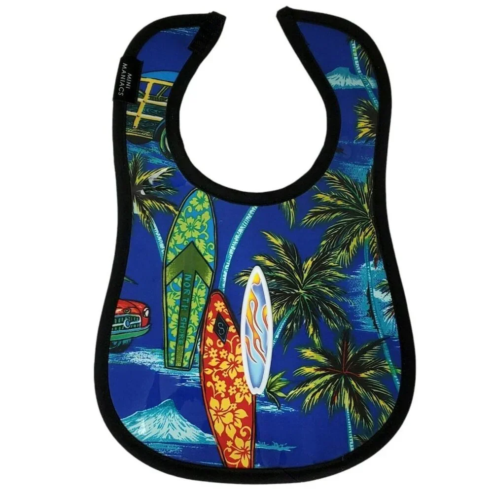 Vinyl Baby Infant Bib Mini Maniacs Slick Surf Ocean Tropical Palm Vegan Leather