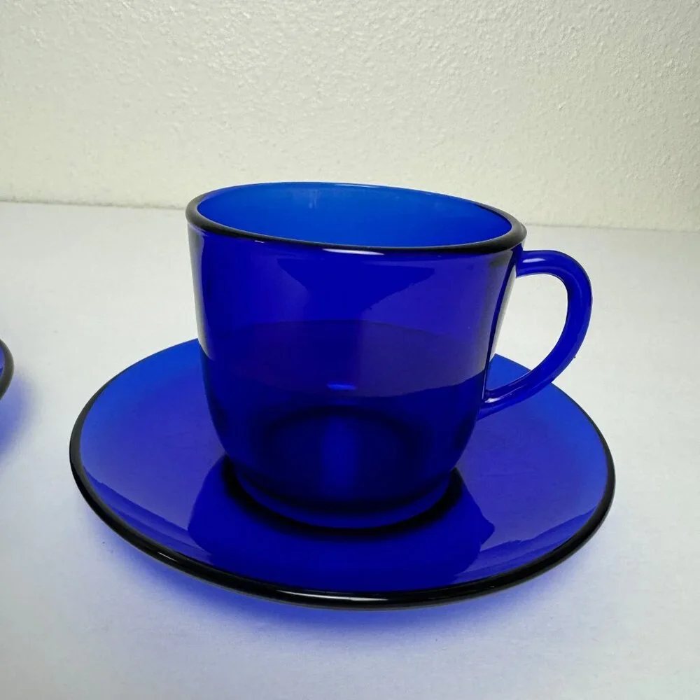Set of 2 Vintage Cobalt Blue Cup and saucer Glass