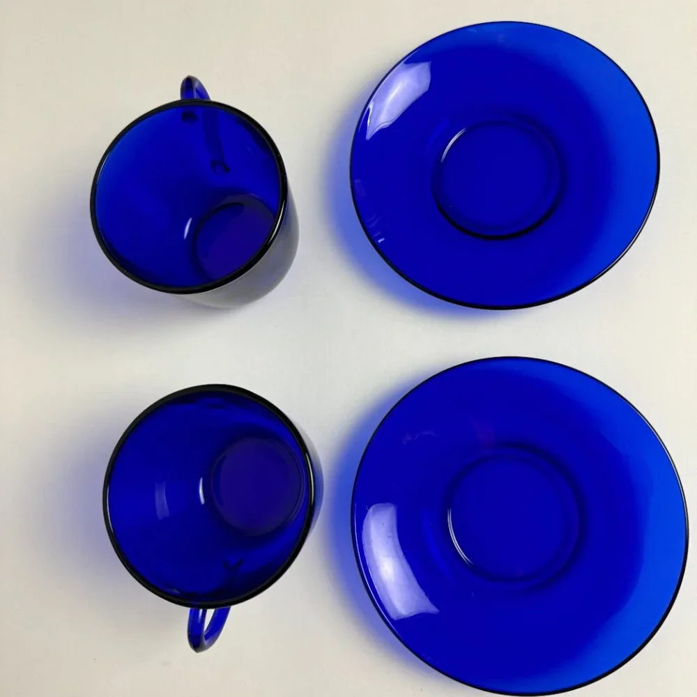 Set of 2 Vintage Cobalt Blue Cup and saucer Glass