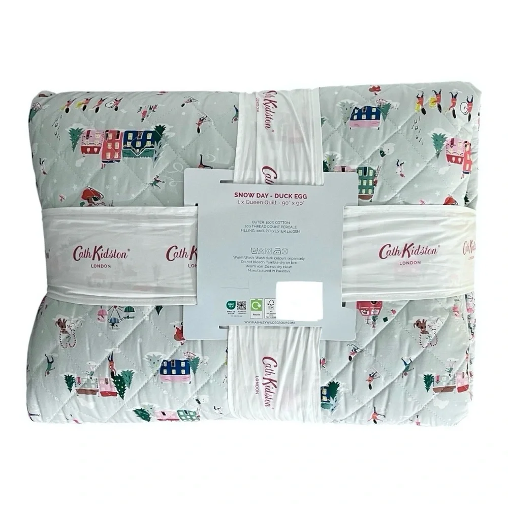 ⚡️Cath Kidston® London Holidays SNOW DAY-DUCK EGG Cotton Quilt, Queen Size, NWT