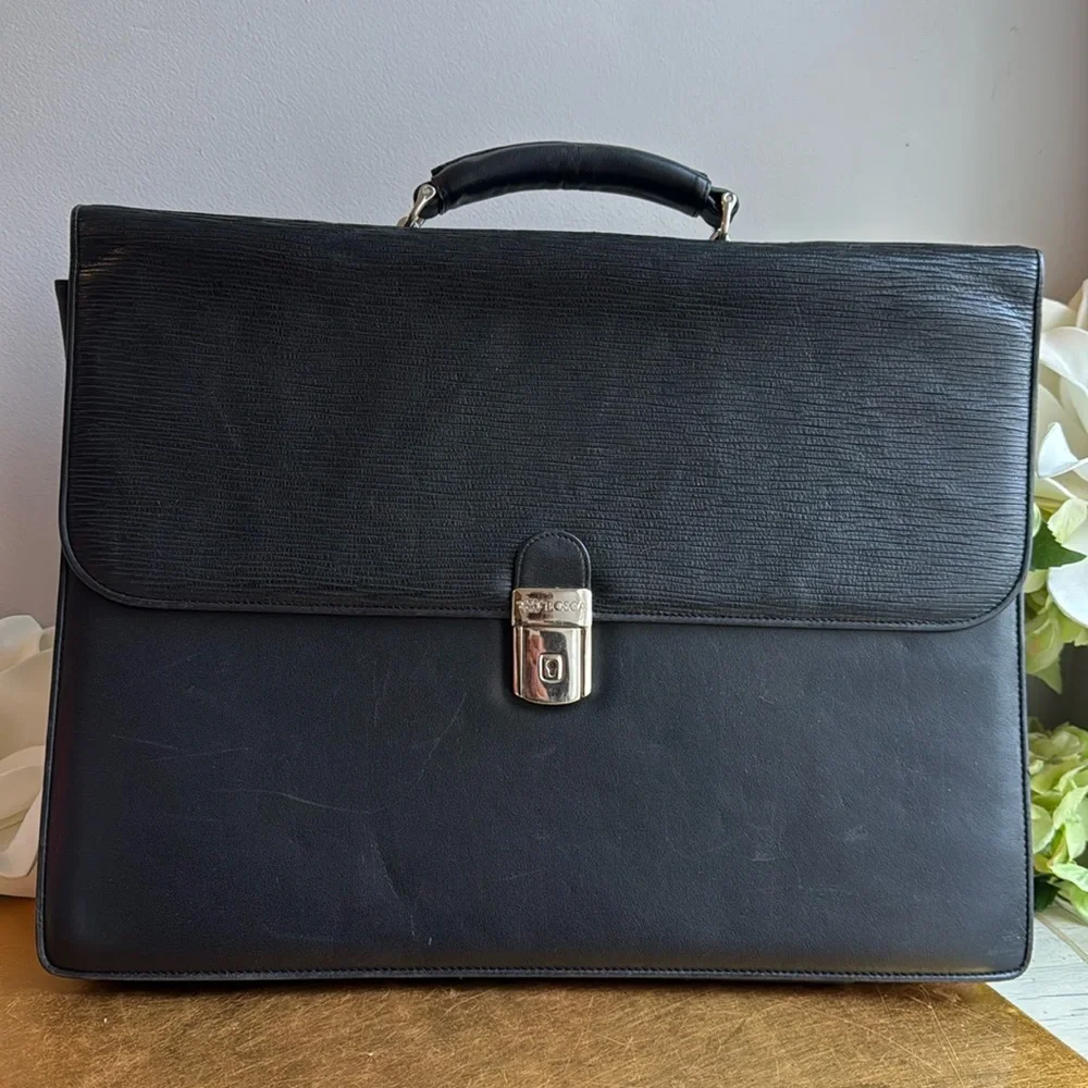 Bosca Leather Double Gusset Flapover Briefcase in Epi and Smooth Black Leather