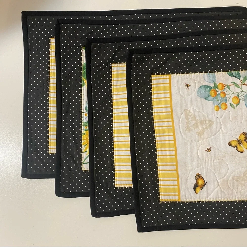 Set of 4 Quilted Sunflower & Butterflies Cotton Placemats 16”x20”