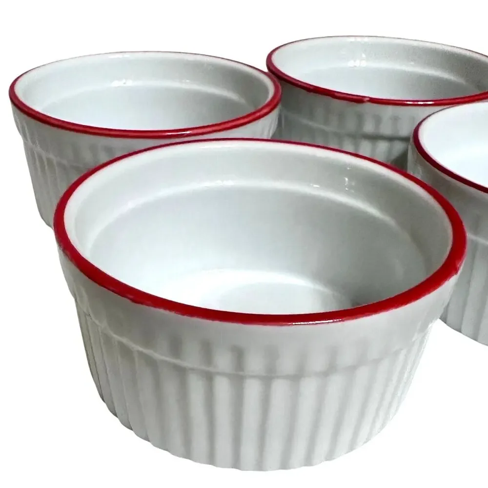 World Market White Ceramic Ribbed Ramekins Red Rim-Set of 7-Excellent!