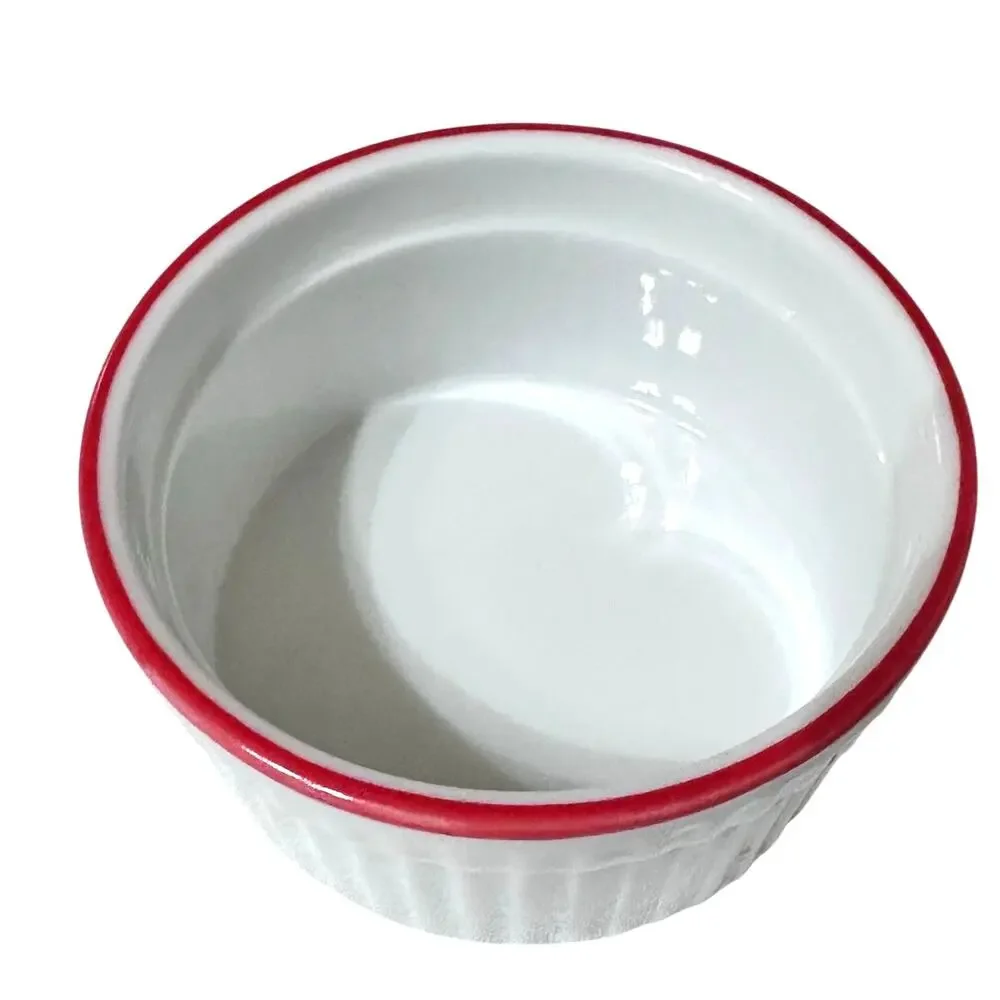 World Market White Ceramic Ribbed Ramekins Red Rim-Set of 7-Excellent!