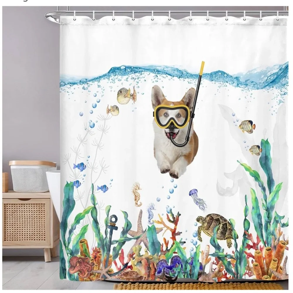 PRACTICALLY BRAND NEW! Uokiuki snorkeling Corgi and tropical fish shower curtain