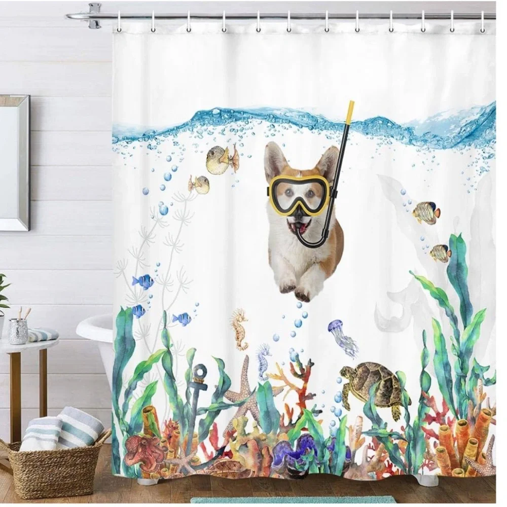PRACTICALLY BRAND NEW! Uokiuki snorkeling Corgi and tropical fish shower curtain