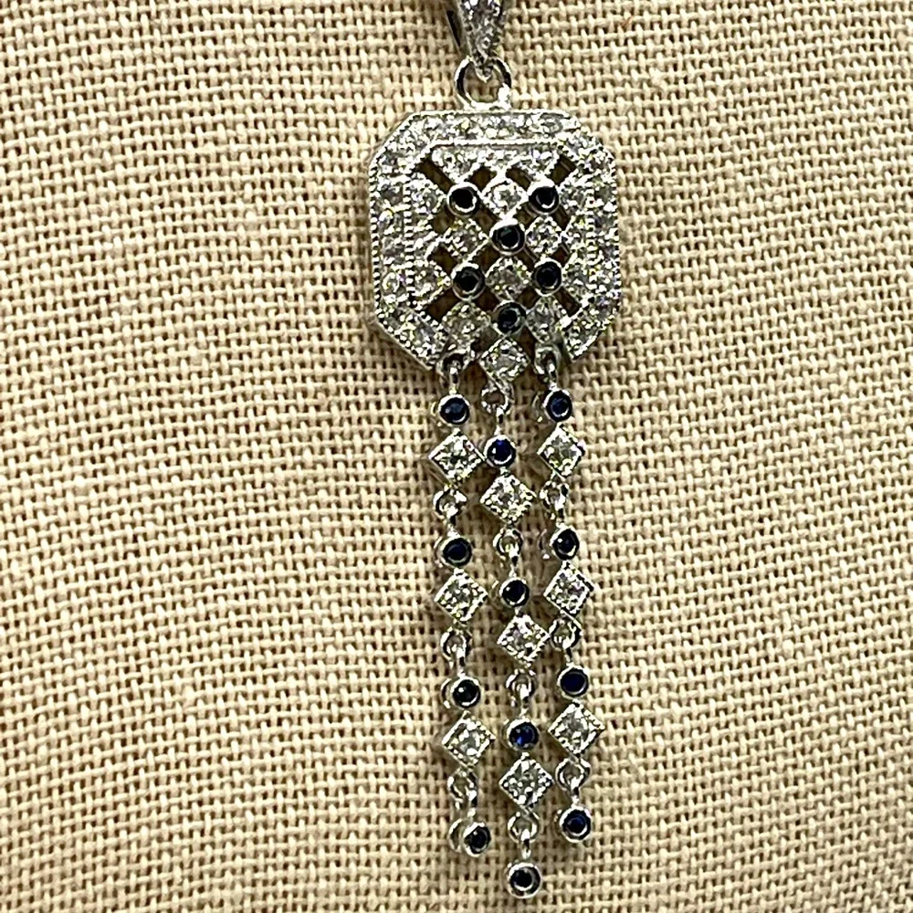 Technibond Platinum Sterling Silver & Blue Sapphire CZ Pendant Necklace