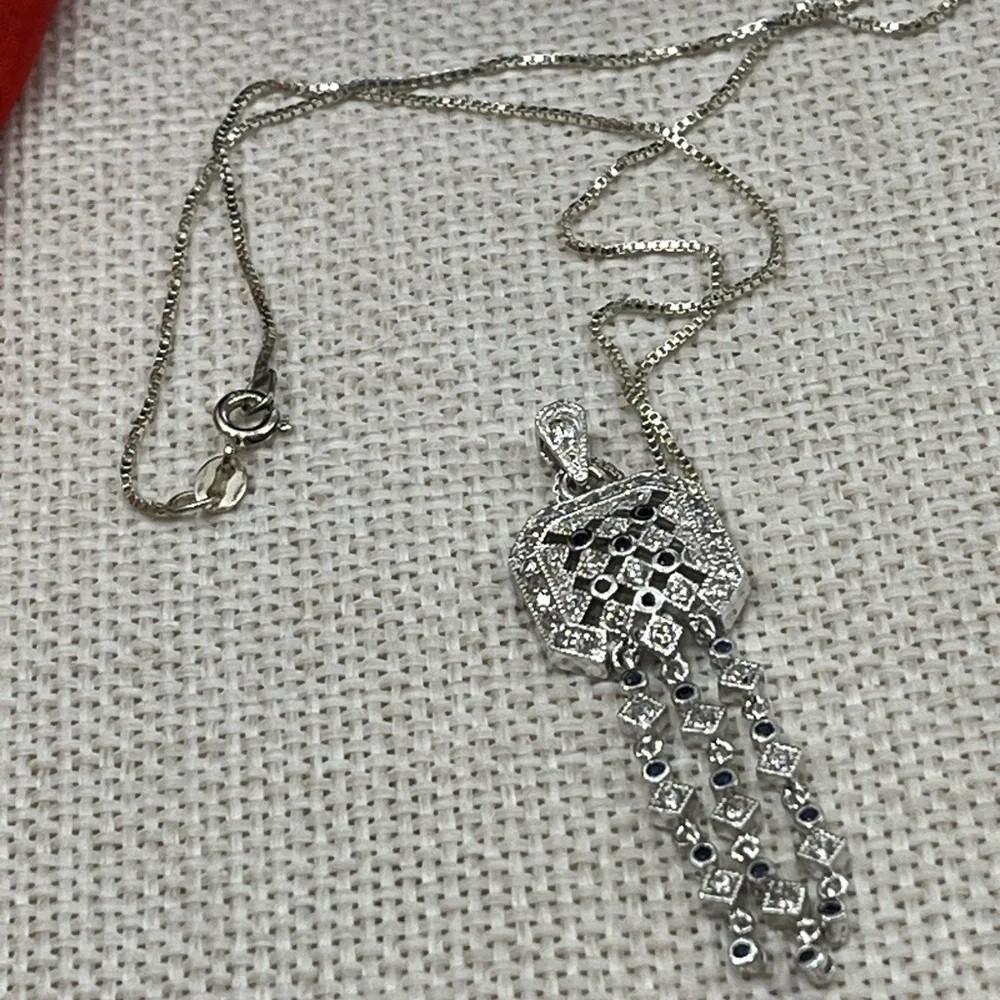 Technibond Platinum Sterling Silver & Blue Sapphire CZ Pendant Necklace