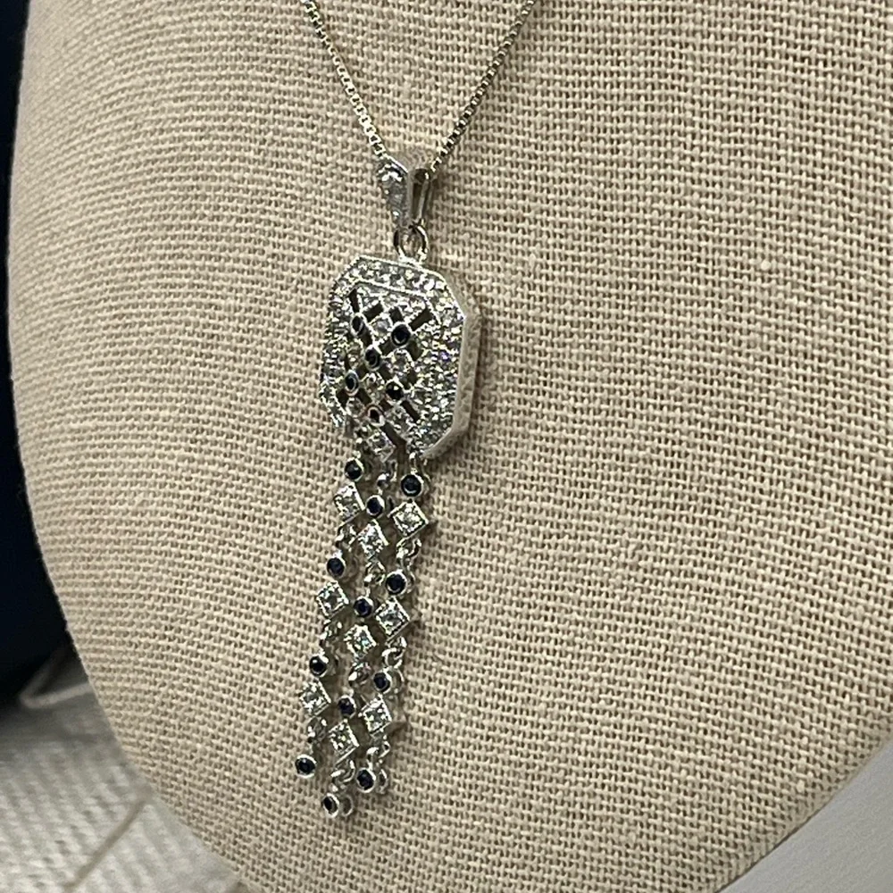 Technibond Platinum Sterling Silver & Blue Sapphire CZ Pendant Necklace