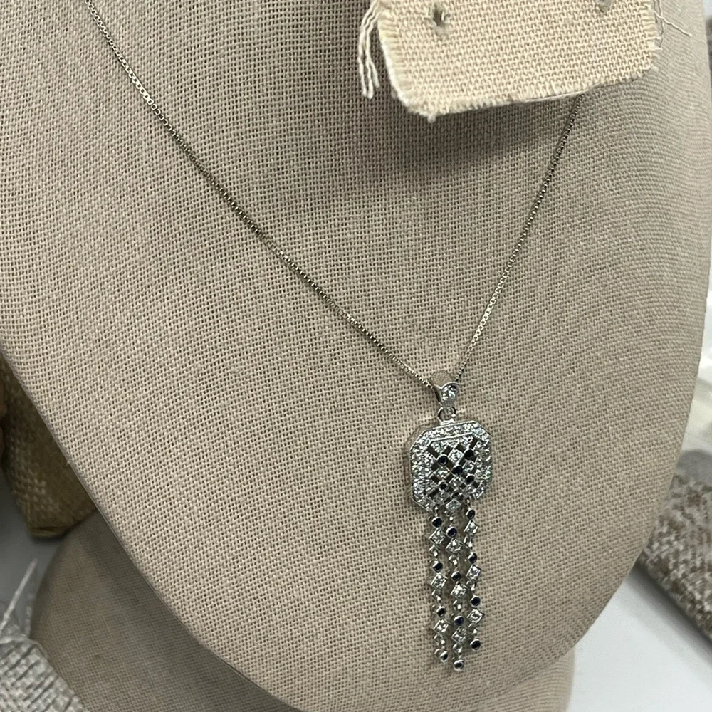 Technibond Platinum Sterling Silver & Blue Sapphire CZ Pendant Necklace