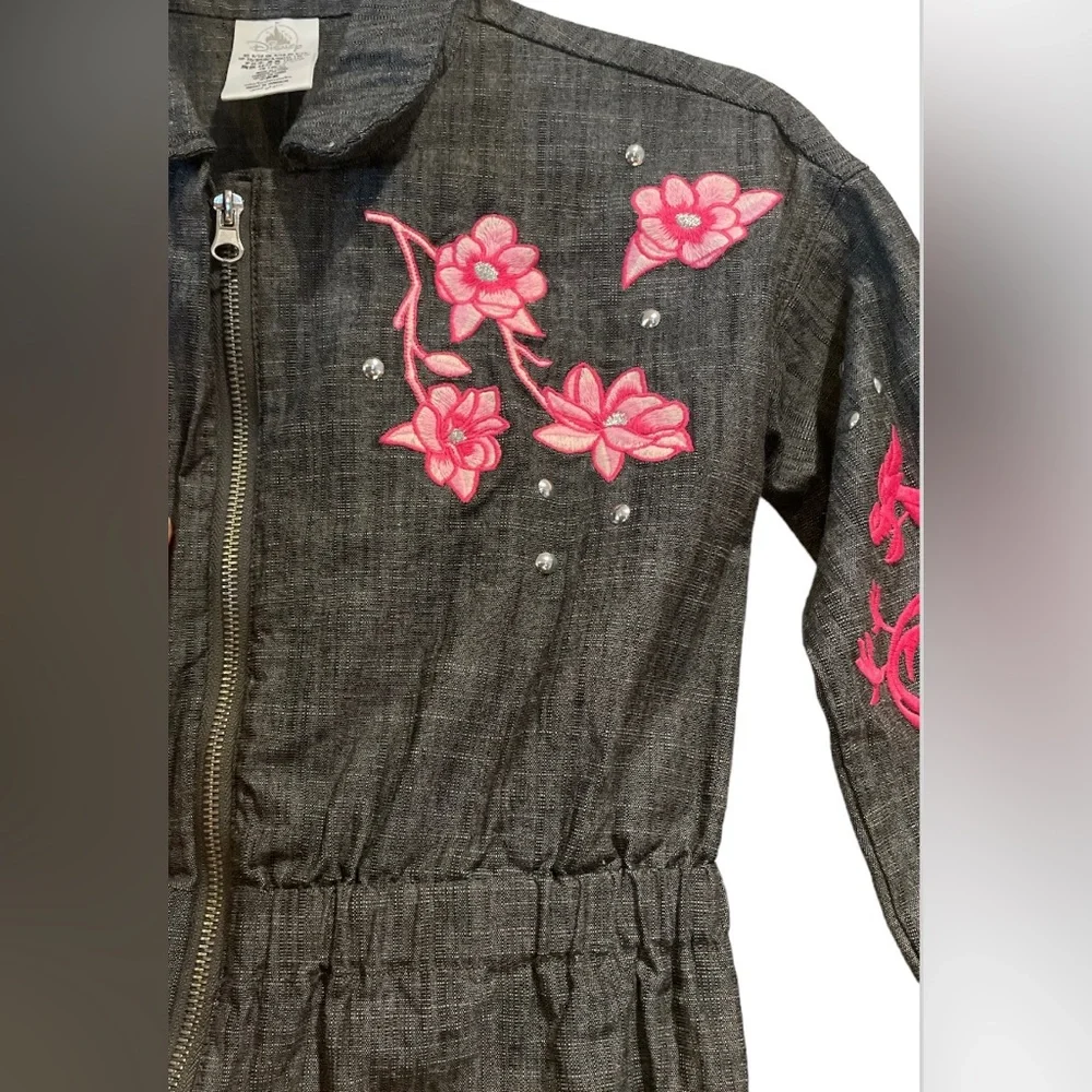 DISNEY MULAN JUMPSUIT GIRLS SIZE 9/10 EMBROIDERED FLORAL GRAY W/HOT PINK…