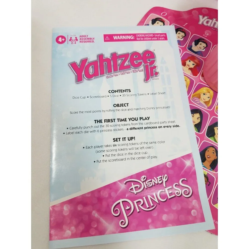 Yahtzee Jr Disney Princess Board Game Dice Ariel Rapunzel Tiana Mulan Complete