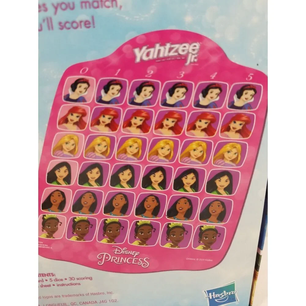 Yahtzee Jr Disney Princess Board Game Dice Ariel Rapunzel Tiana Mulan Complete