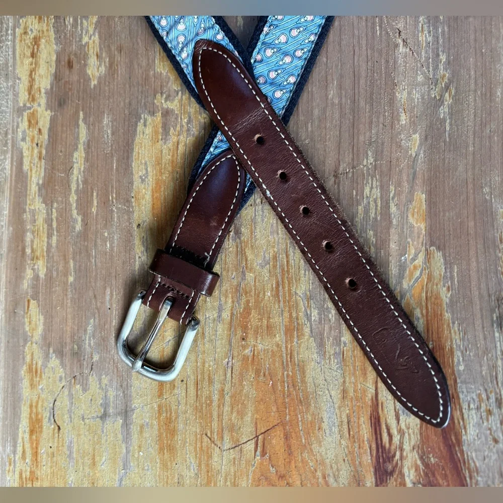 Vinyard Vines Blue Lacrosse Leather & Silk Ribbon on Cotton Web Belt 26