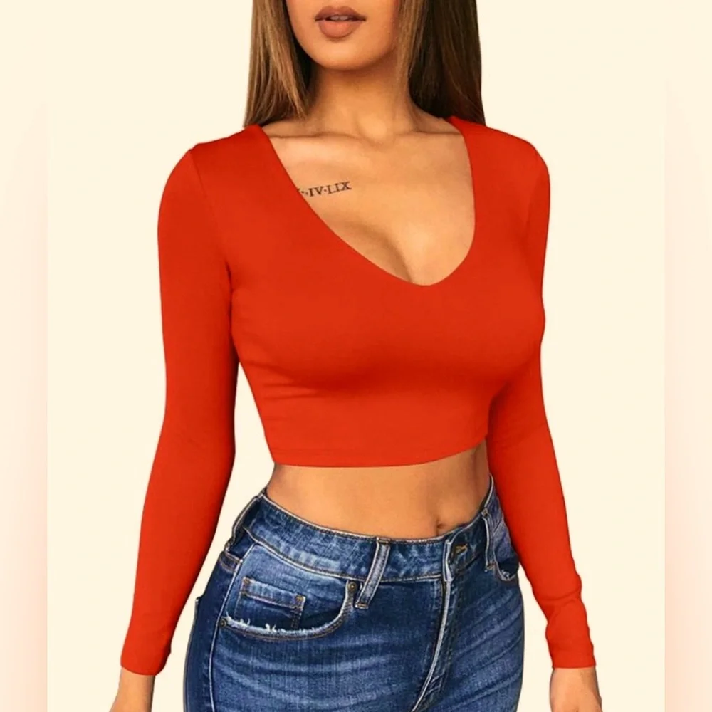 🧡 Orange Body Con Scoop Neck Long Sleeve Slim
