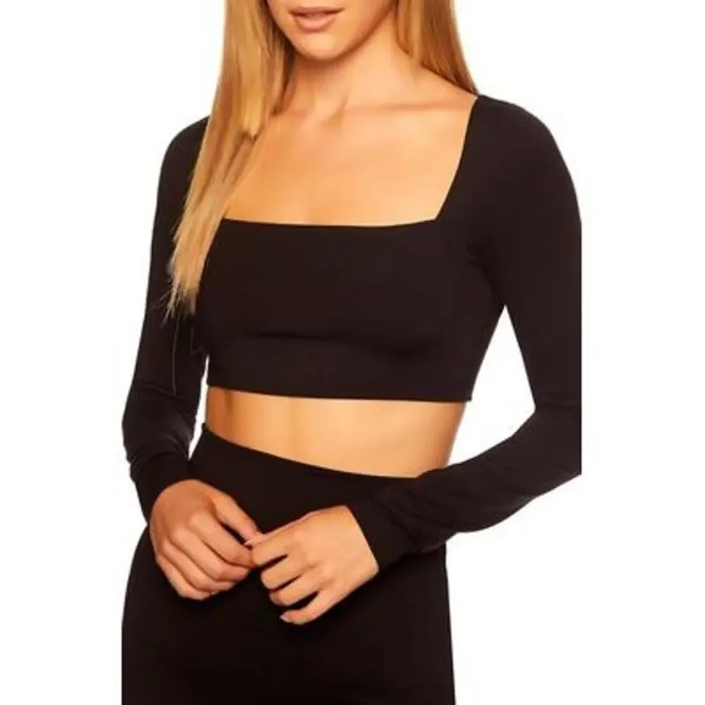 Susana Monaco Micro Square Neck Long Sleeve Crop Top in Black NWT Size XL