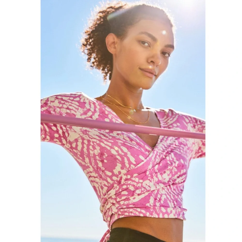 Anthro Daily Practice Pink Printed Crop Wrap Top