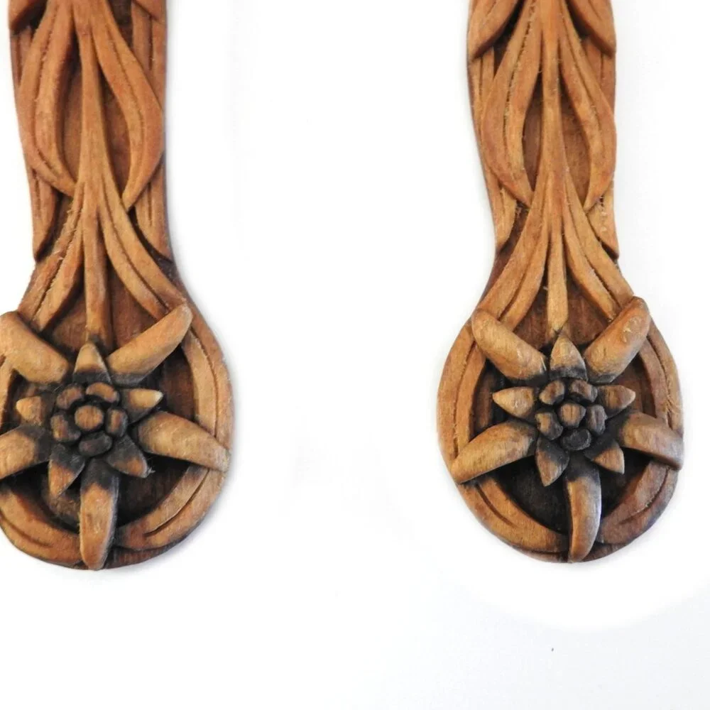 Vintage Hand-carved Wooden Salad Set Spoon Fork Welsh Floral Design