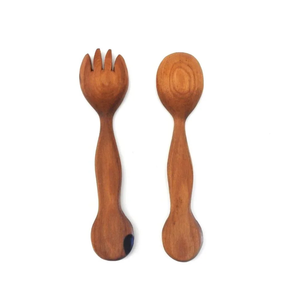 Vintage Hand-carved Wooden Salad Set Spoon Fork Welsh Floral Design