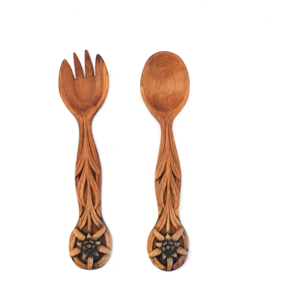 Vintage Hand-carved Wooden Salad Set Spoon Fork Welsh Floral Design