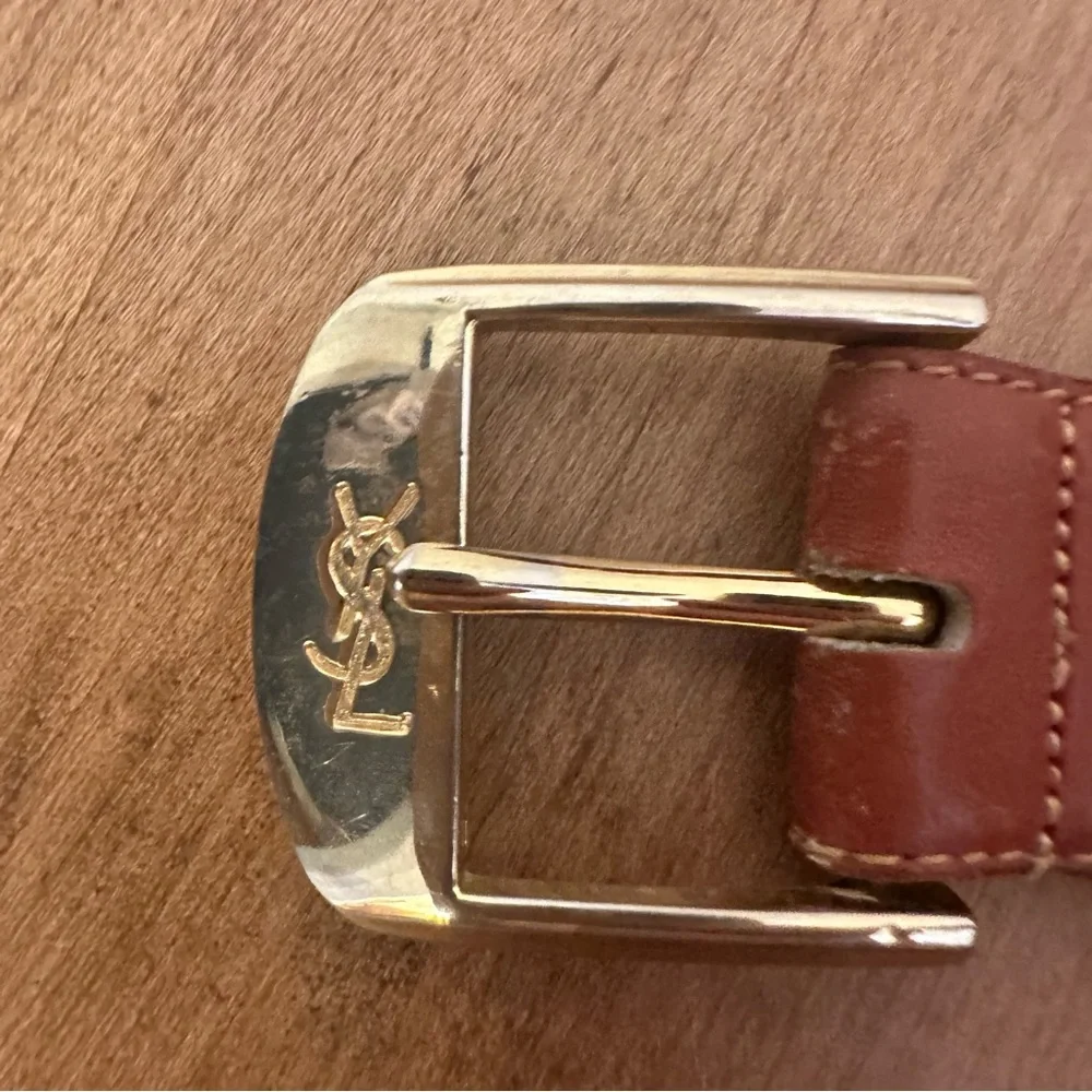 Authentic YSL Yves Saint Laurent Womens Belt 36 Inch 90 Cm Brown Leather Gold