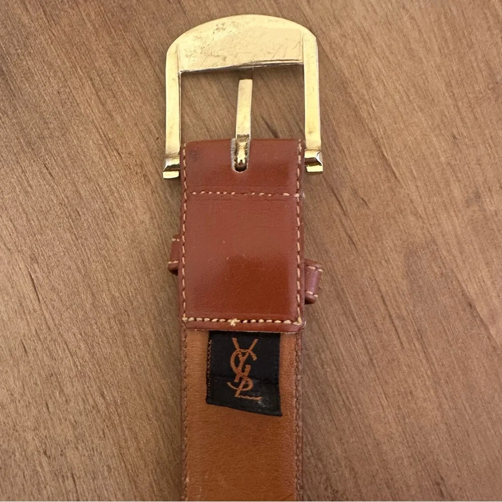 Authentic YSL Yves Saint Laurent Womens Belt 36 Inch 90 Cm Brown Leather Gold