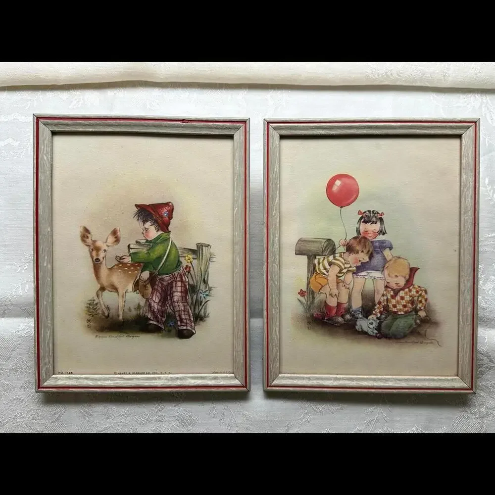 Vintage 1940s Lithograph Framed Nursery Art Pair Marion Bradford Burgess