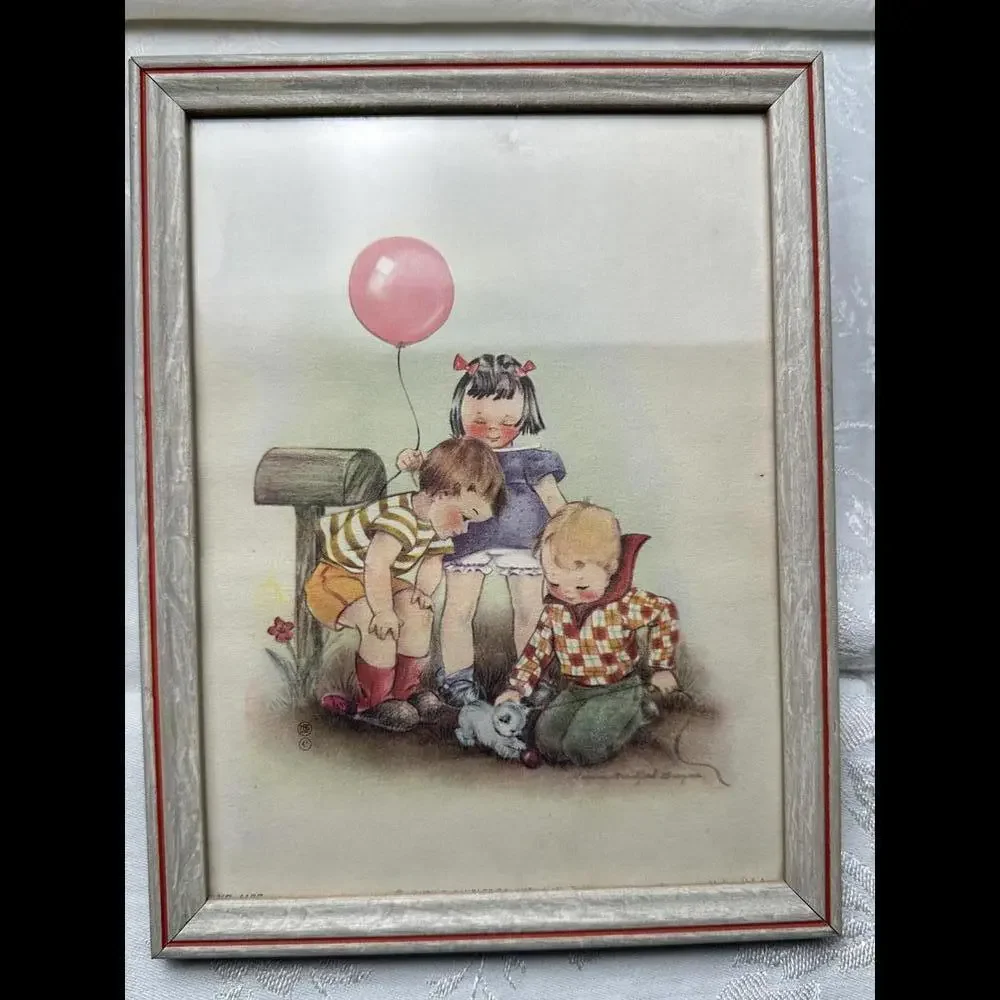 Vintage 1940s Lithograph Framed Nursery Art Pair Marion Bradford Burgess