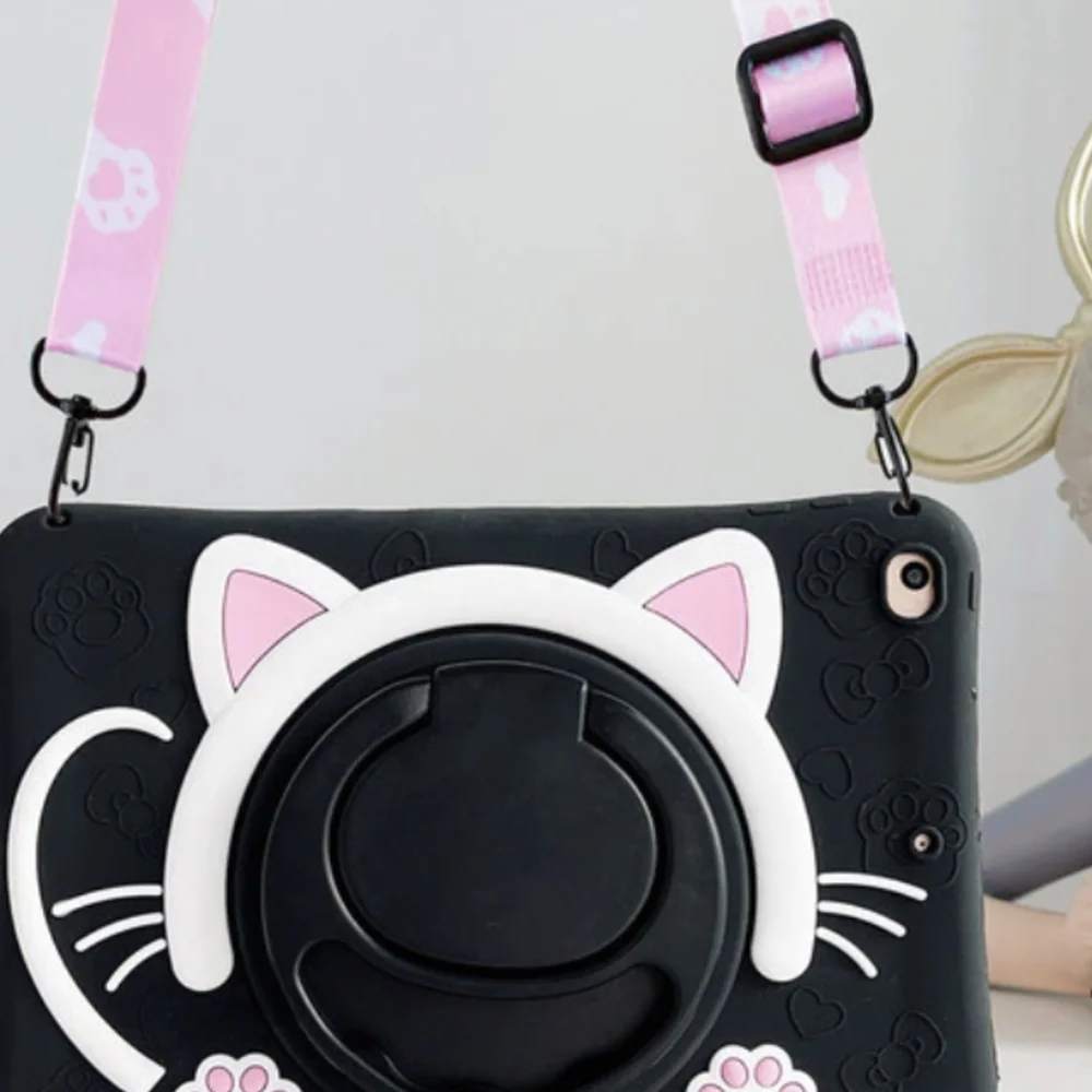 Cute Cat Tablet Case with Strap - Black and Pink