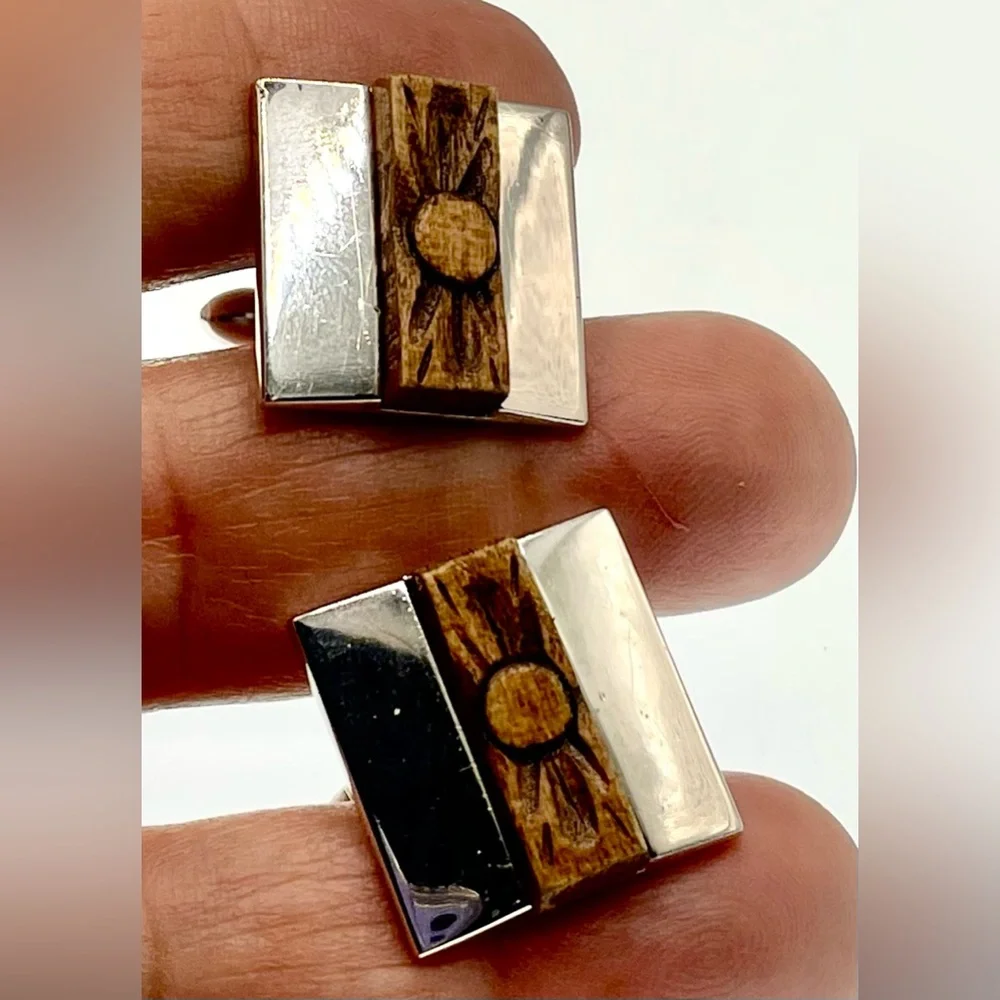 Vintage Signed Swank Silver Tone Cufflinks with Carved Wooden Design
