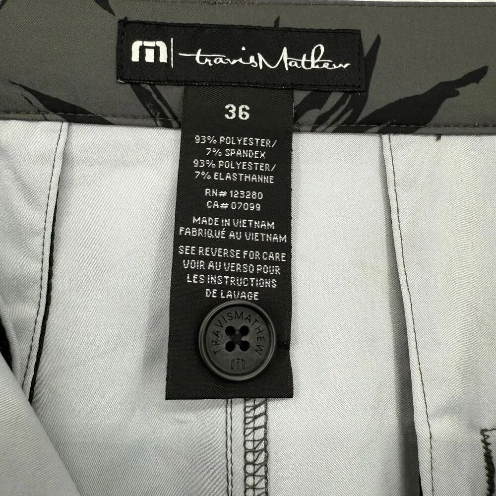 TravisMathew Golf Shorts 36 Grey Leaf Print Performance Stretch Pockets Resort