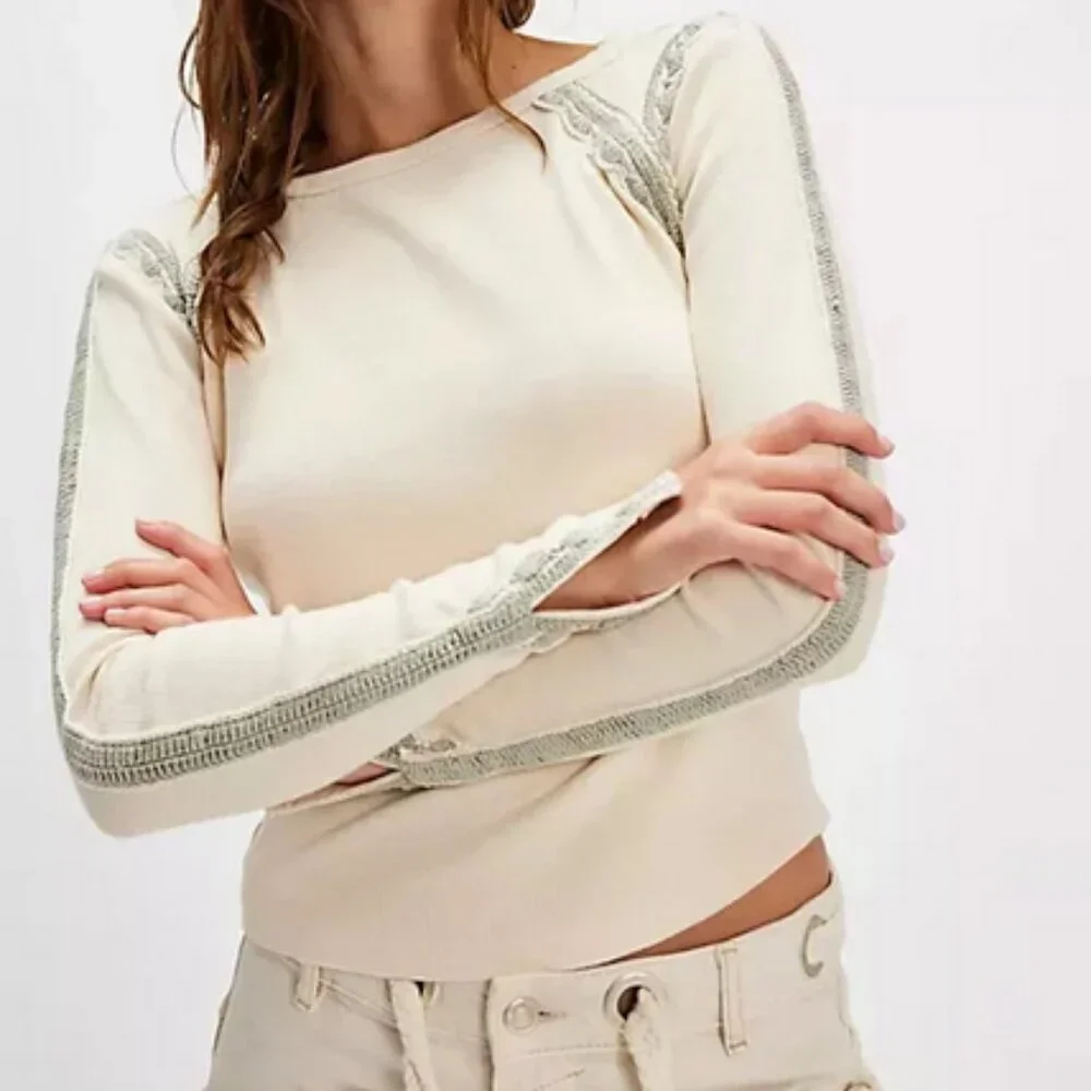 Free People Lost Love Long-Sleeve Top Crochet Lace Ribbed New S
