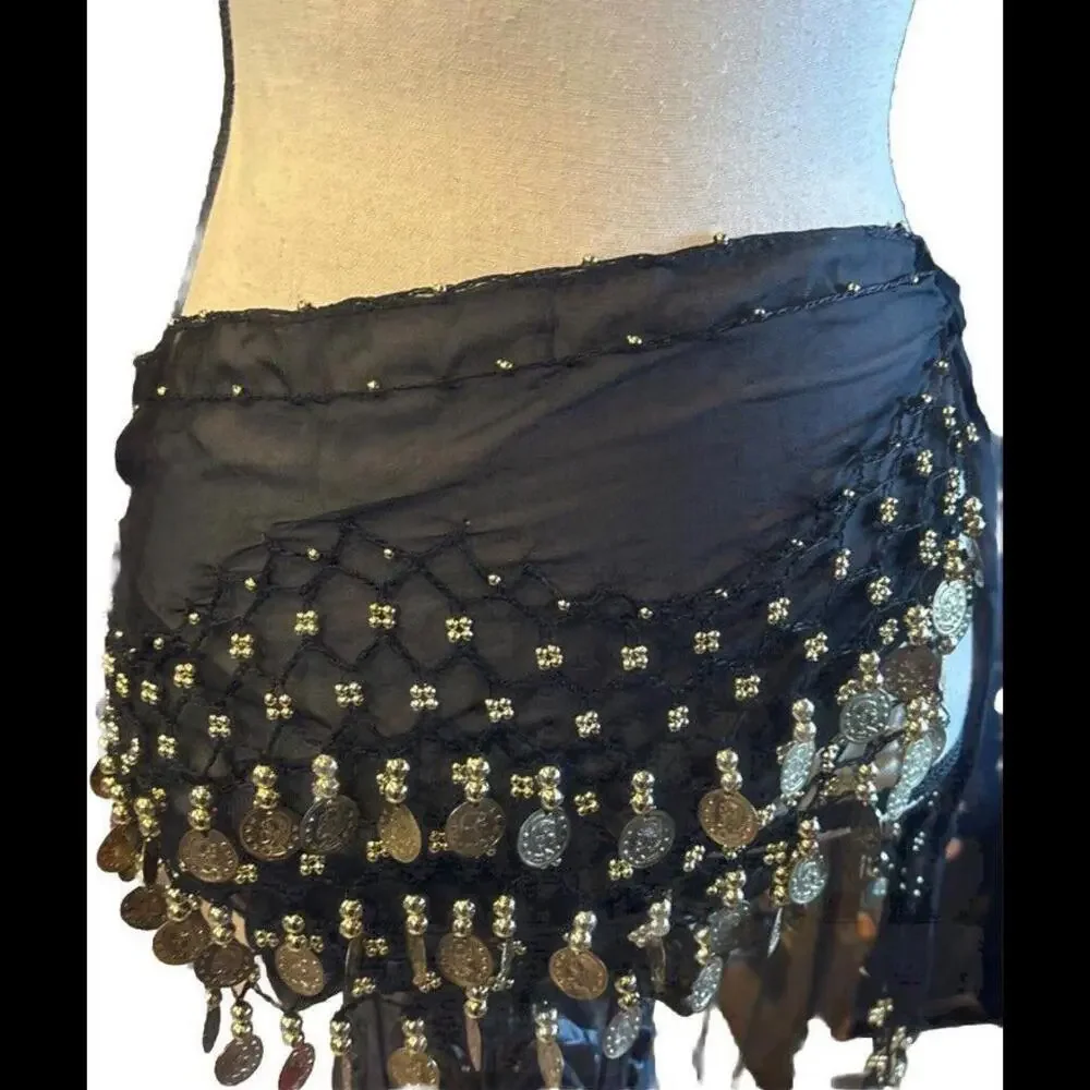 👠🥻🖤 Black Sheer Golden Coins Hip Scarf Belly Dancing Cosplay Fun