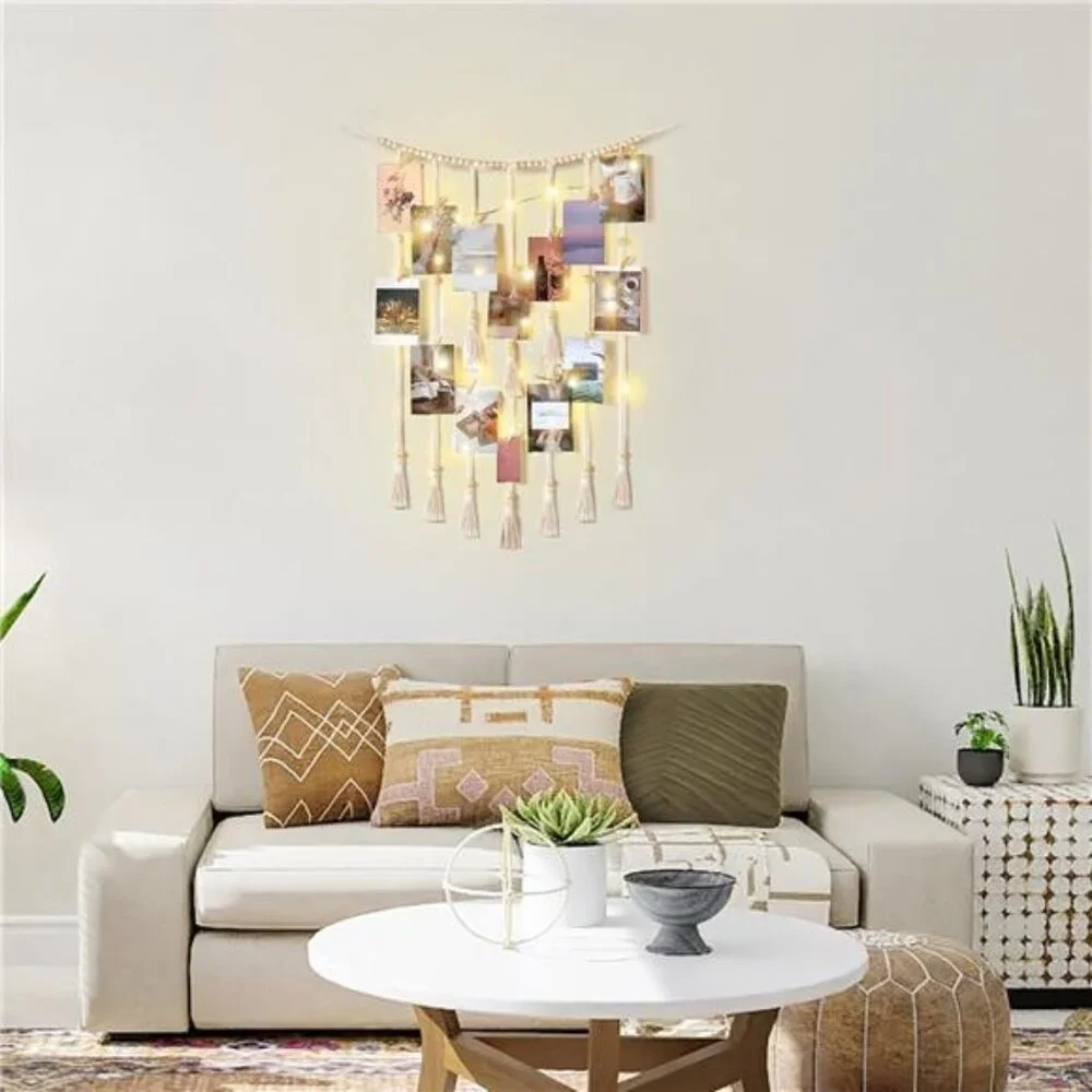 Macrame Hanging Photo Display Wall Decor with String Lights Boho Room