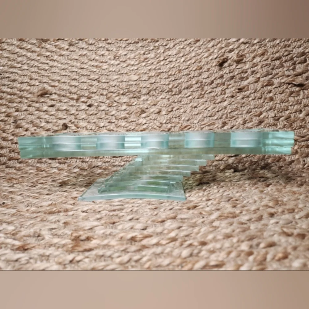 PartyLite Tea Light Candle Holder.Thick Green Glass Stacked Pedestal.Modern.Gift
