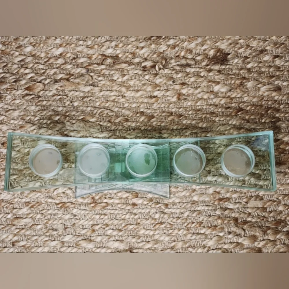 PartyLite Tea Light Candle Holder.Thick Green Glass Stacked Pedestal.Modern.Gift
