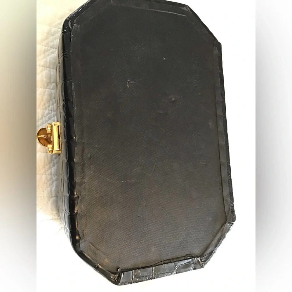 Vintage Croc Embossed JEWELRY BOX Travel Case Black Patent