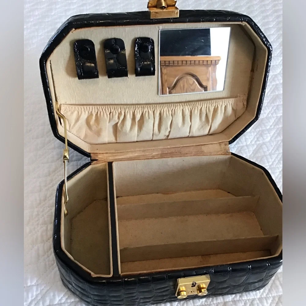 Vintage Croc Embossed JEWELRY BOX Travel Case Black Patent