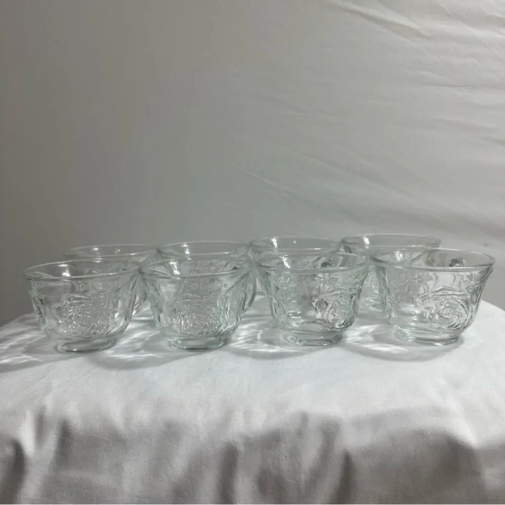 Punch Cups Vintage Clear Pressed Glass Rose Design Set of 8