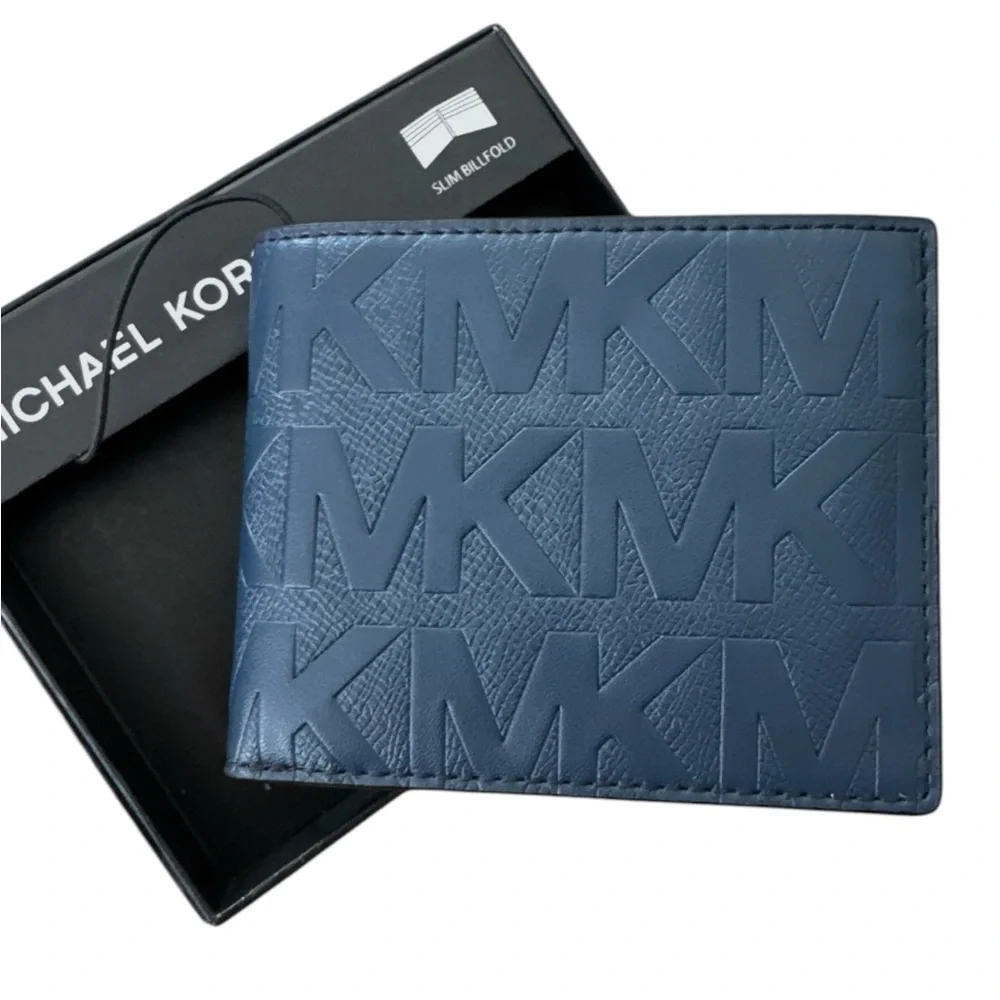 Michael Kors Embossed Logo Patterned BiFold Wallet Blue Marine