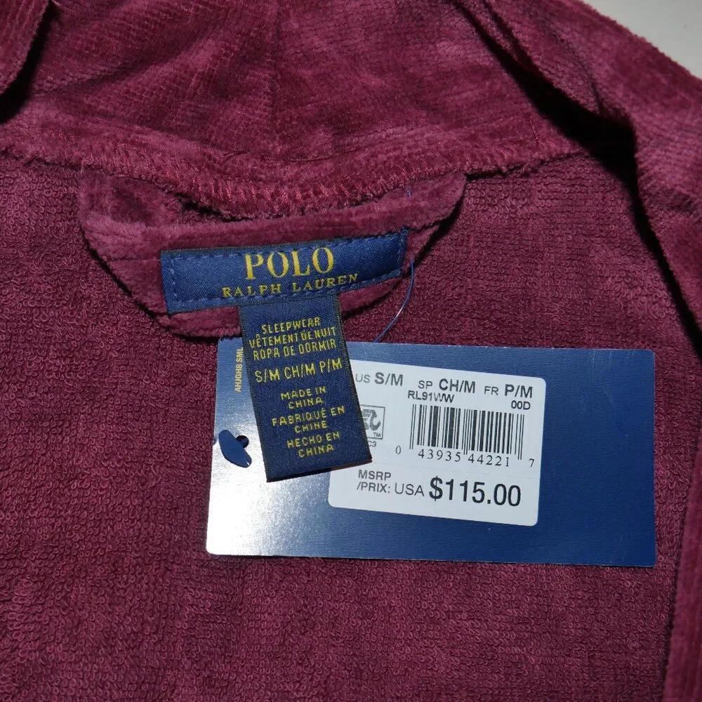Polo Ralph Lauren Men's Terry Velour Robe Size S/M Classic Wine Big Pony Logo