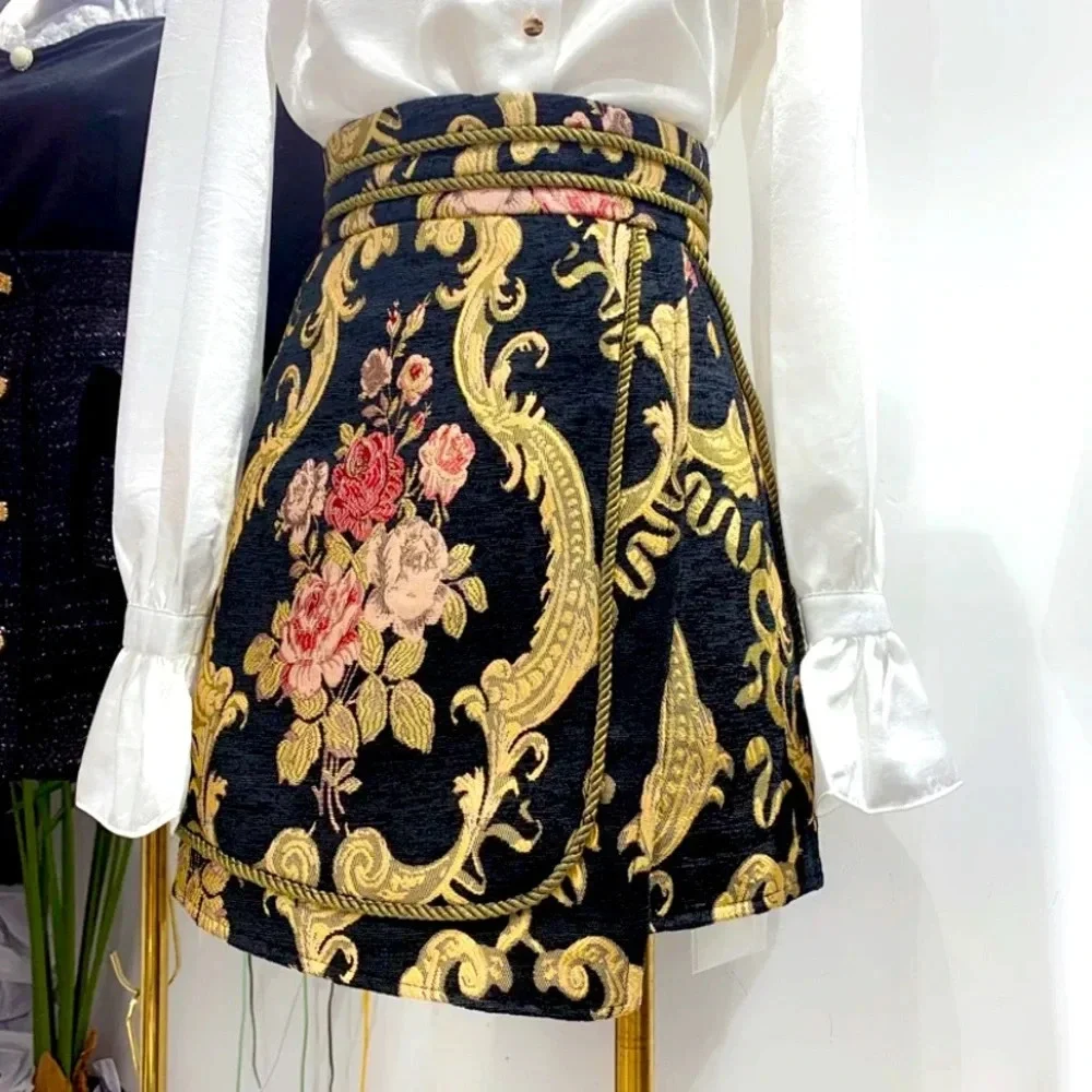 Autumn Style French Retro Jacquard High Waist A- Line Skirt Women'S Culotte