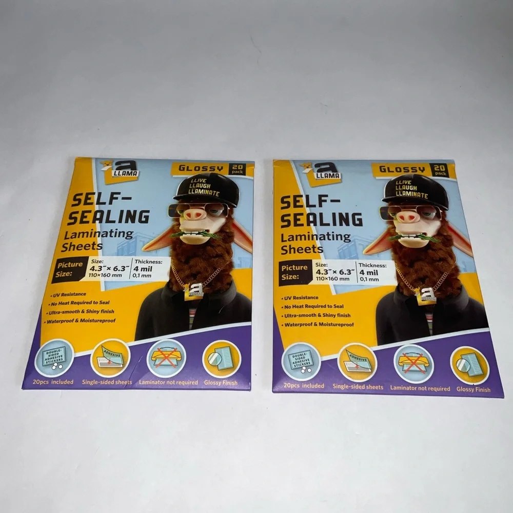 (2) Self Sealing Lamination Sheets 4.3”x 6.3” 4 Mil Thick Clear Glossy 20 Pack