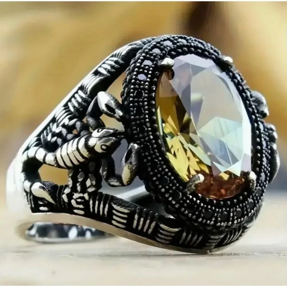 Mens Silver Scorpion Ring Large Yellow Stone Citrine Size 11