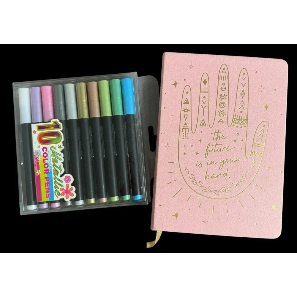 10 Metallic Color Pens & Pink 6x8 Faux Leather Journal Celestial Hand 128 Sheets