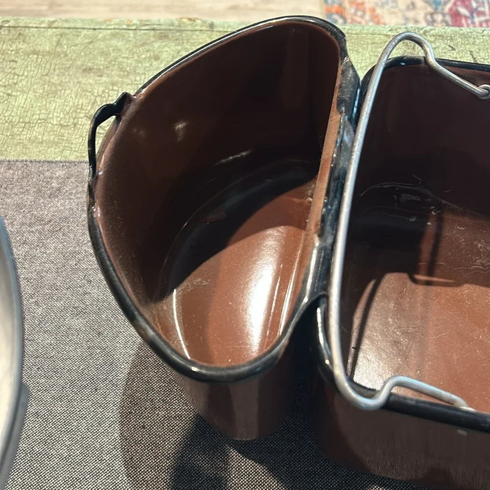 Vintage Unique Enamelware Brown Lunch Pail Box Picnic Camping Tin with Lids