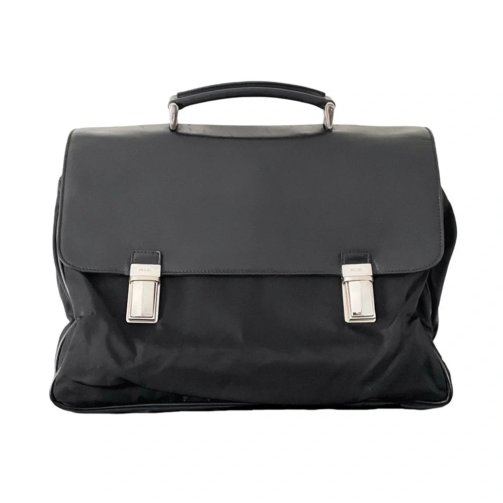 Prada black nylon and leather silver pushlock vintage iconic slouchy briefcase