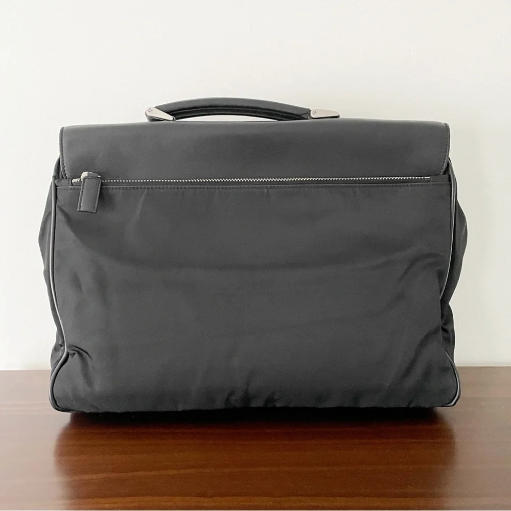 Prada black nylon and leather silver pushlock vintage iconic slouchy briefcase
