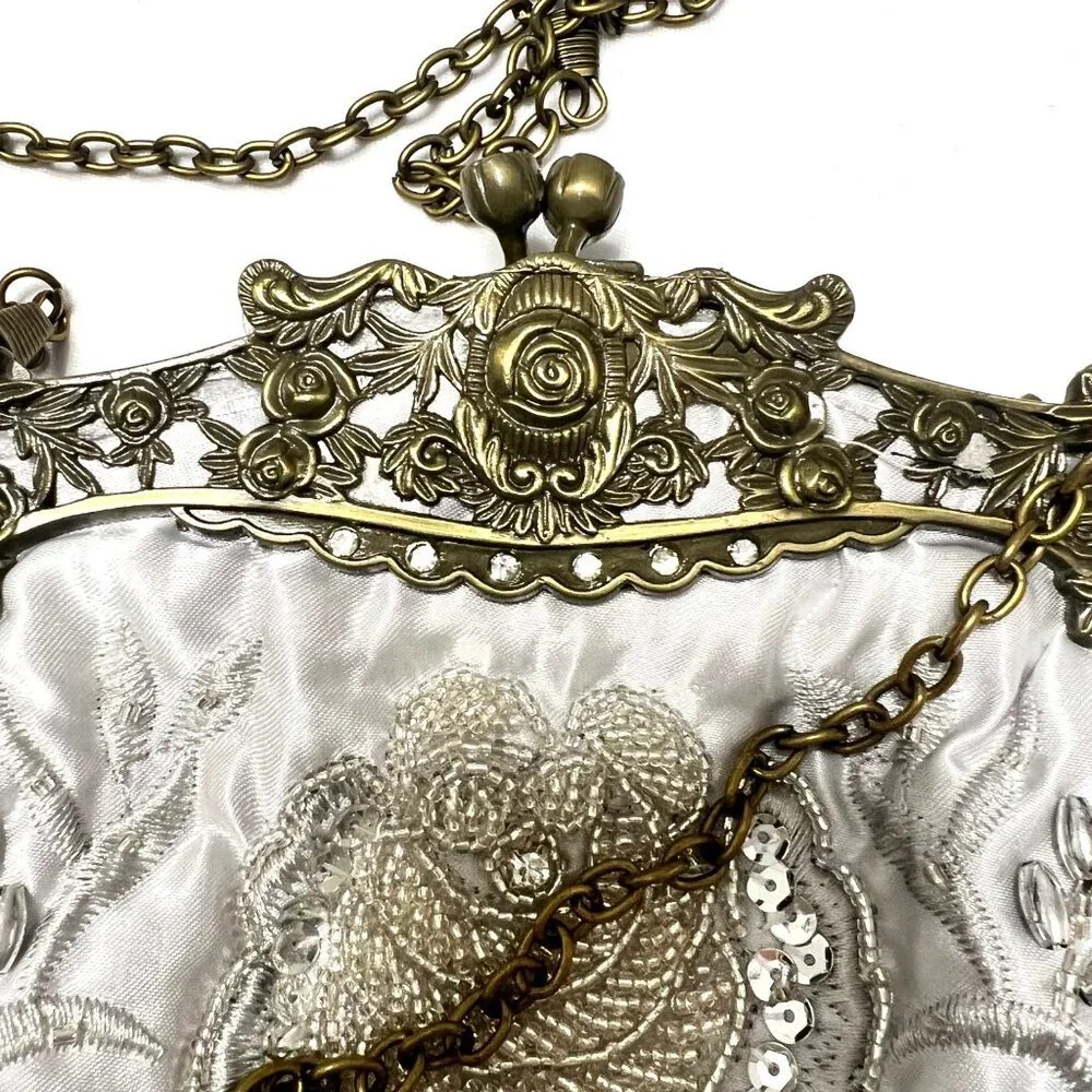 Vintage Style Purse White Satin Embroidered Small Purse With Brass Frame & Chain