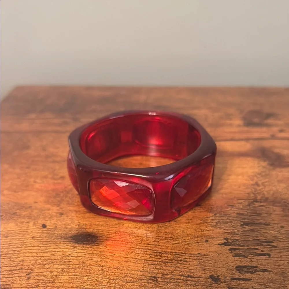 Vintage Plastic Bangle Bracelet with Large Gemstones, Red, Faceted, Retro, Boho